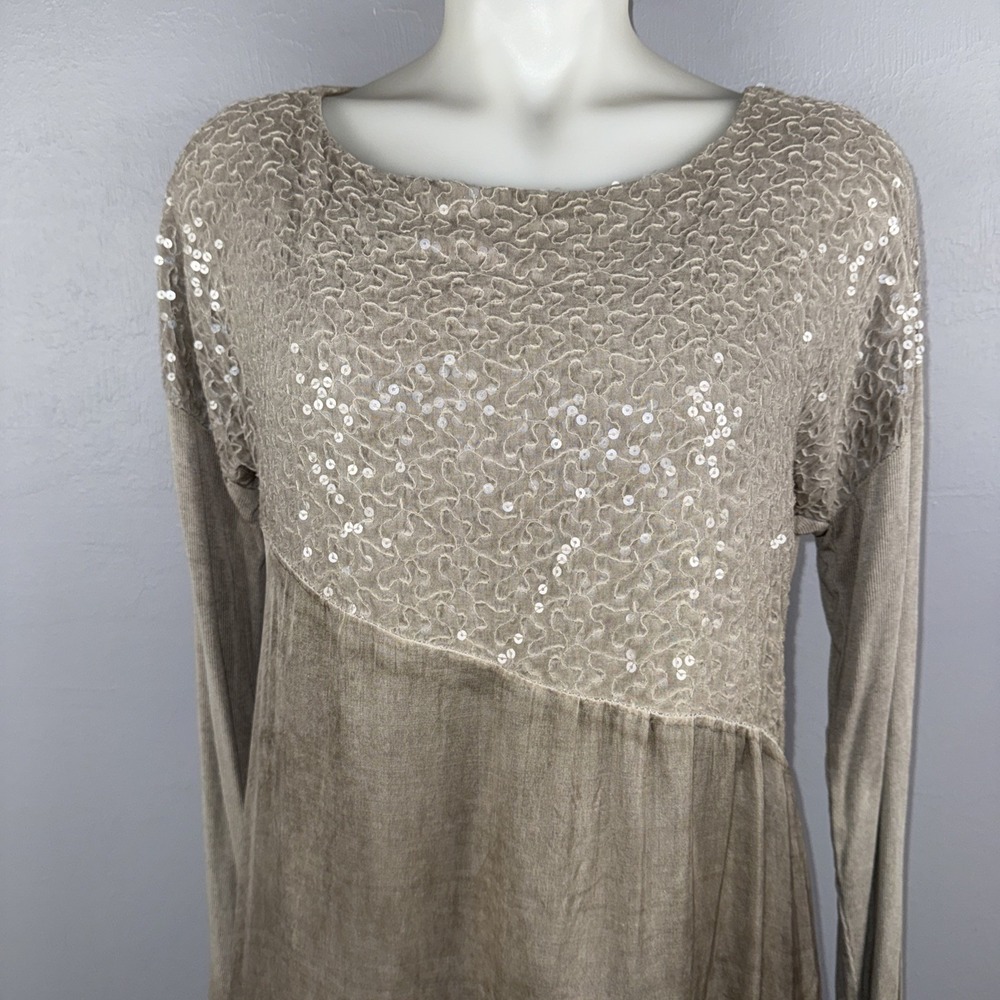 Scandal Dress Women *M Taupe Italy Ruffle Hem Boho Viscose Knit Artsy *READ - Picture 2 of 8